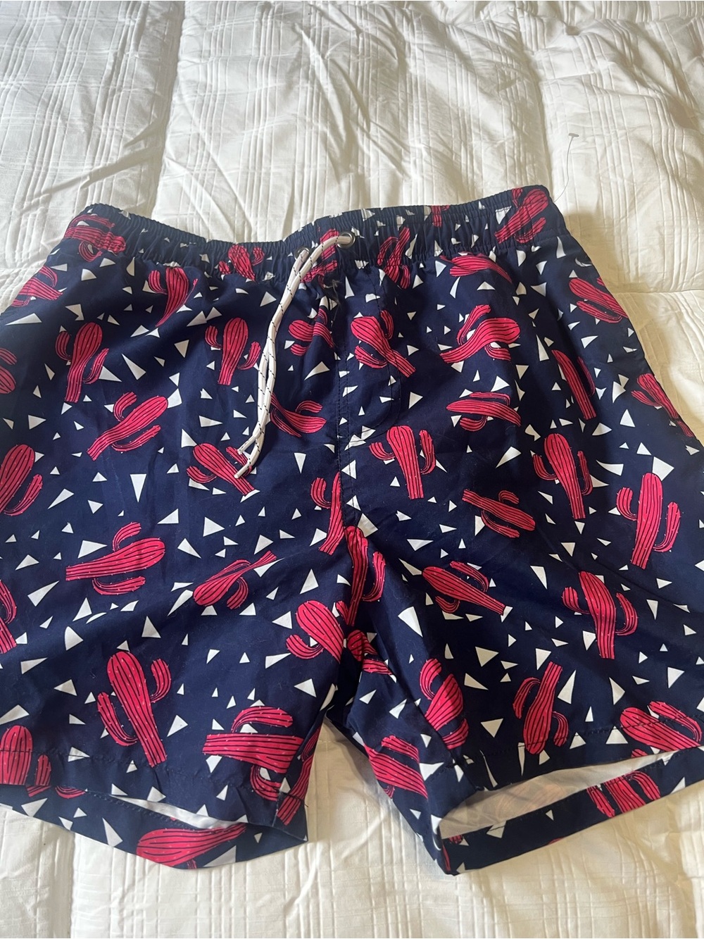 NWT .. Men's Navy Swim Shorts with red Cactus Print